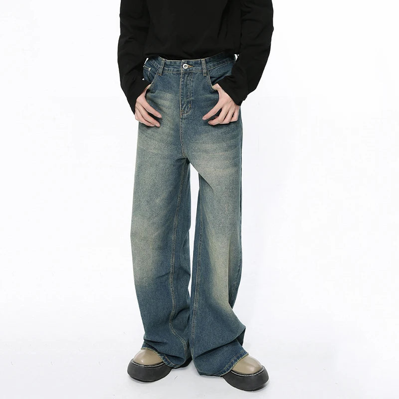 Trendy Men's Straight Jeans Gradient Color Button Pockets Chic Male Wide Leg Denim Pants Casual Spring 9C4510