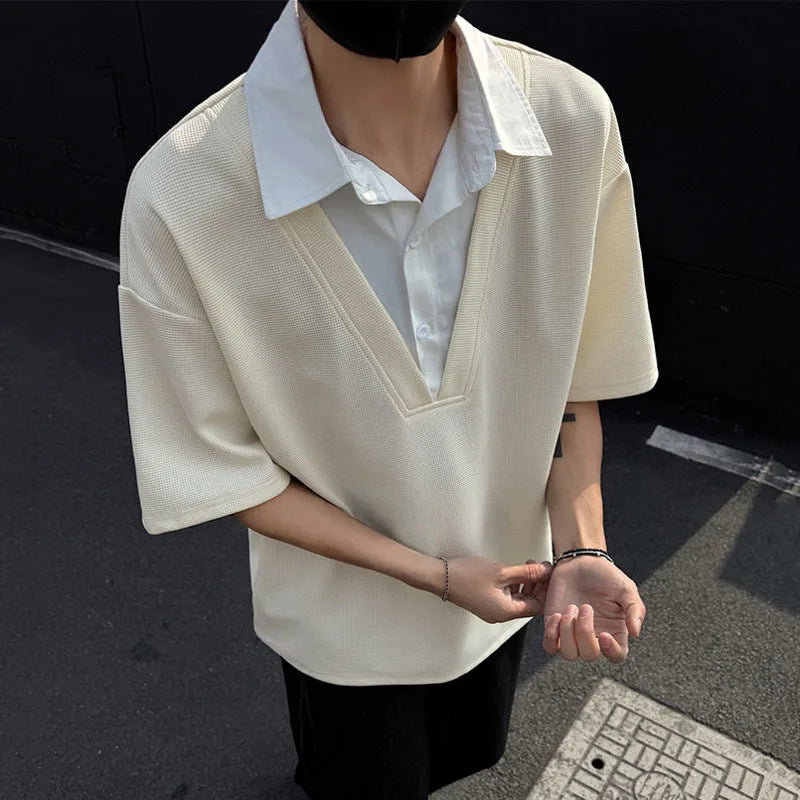 Men's Short Sleeve T-shirts New Summer Turn-down Collar Loose Patchwork Male Top Personality Pullover Menwear 9W1564