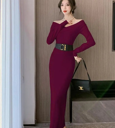 Beige Knit Sweater Dress Women Autumn Winter Black V-neck Slim Long Dresses Female Red High Waist Elegant Evening Party Dress