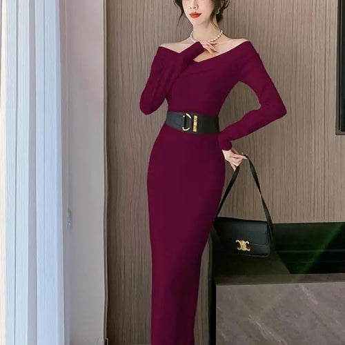 Load image into Gallery viewer, Beige Knit Sweater Dress Women Autumn Winter Black V-neck Slim Long Dresses Female Red High Waist Elegant Evening Party Dress
