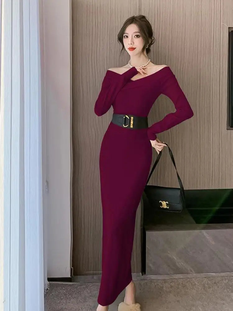 Beige Knit Sweater Dress Women Autumn Winter Black V-neck Slim Long Dresses Female Red High Waist Elegant Evening Party Dress