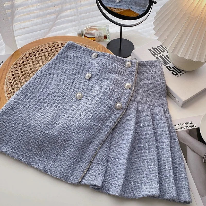 Autumn Winter Retro Plaid Slim Pleated A-line Woolen Half-length Skirt Womens Irregular Pearl Buckle High Waist Mini Tweed Skirt