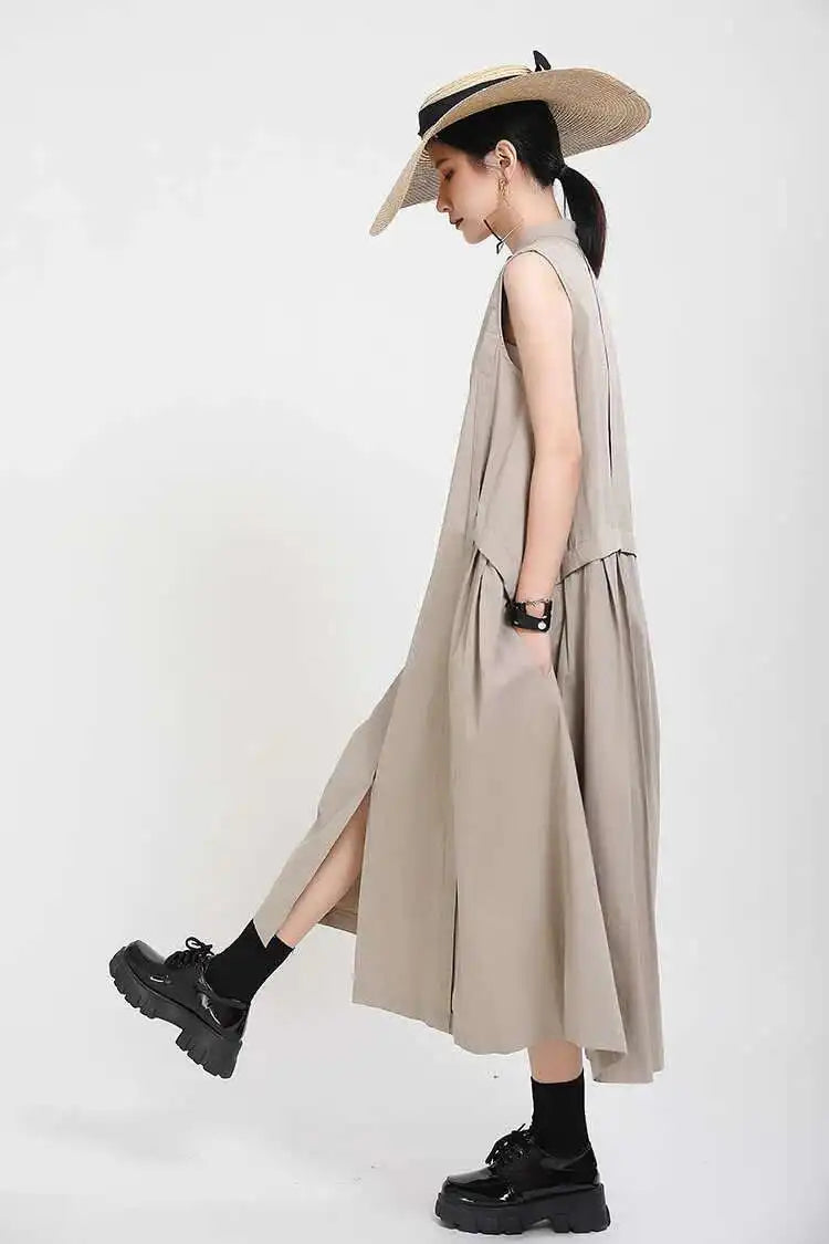 Women Khaki Split Pleated Long  Dress New Stand Collar Sleeveless Loose Fit Fashion Tide Spring Summer 2025 1Y353