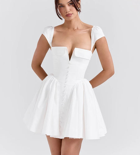 White Backless Sexy Mini Dress For Women Fashion Square Collar Short Sleeve High Waist A-line Club Party Sexy Dress