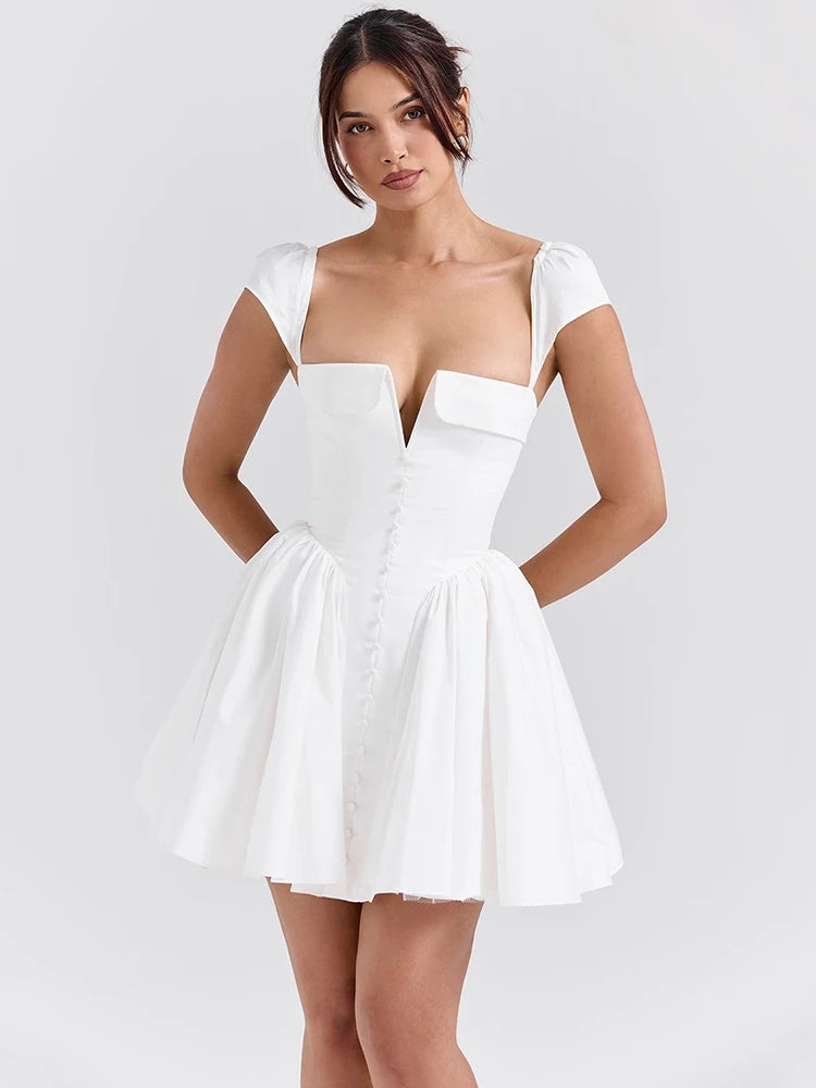 White Backless Sexy Mini Dress For Women Fashion Square Collar Short Sleeve High Waist A-line Club Party Sexy Dress