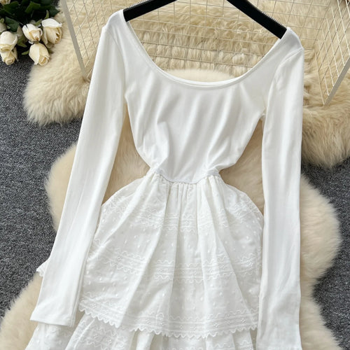 Load image into Gallery viewer, Korean Fashion Women White Embroidered Elegant Long Sleeved Pleated Cake Dress Spring Round Neck High Waist Vacation Party Dress
