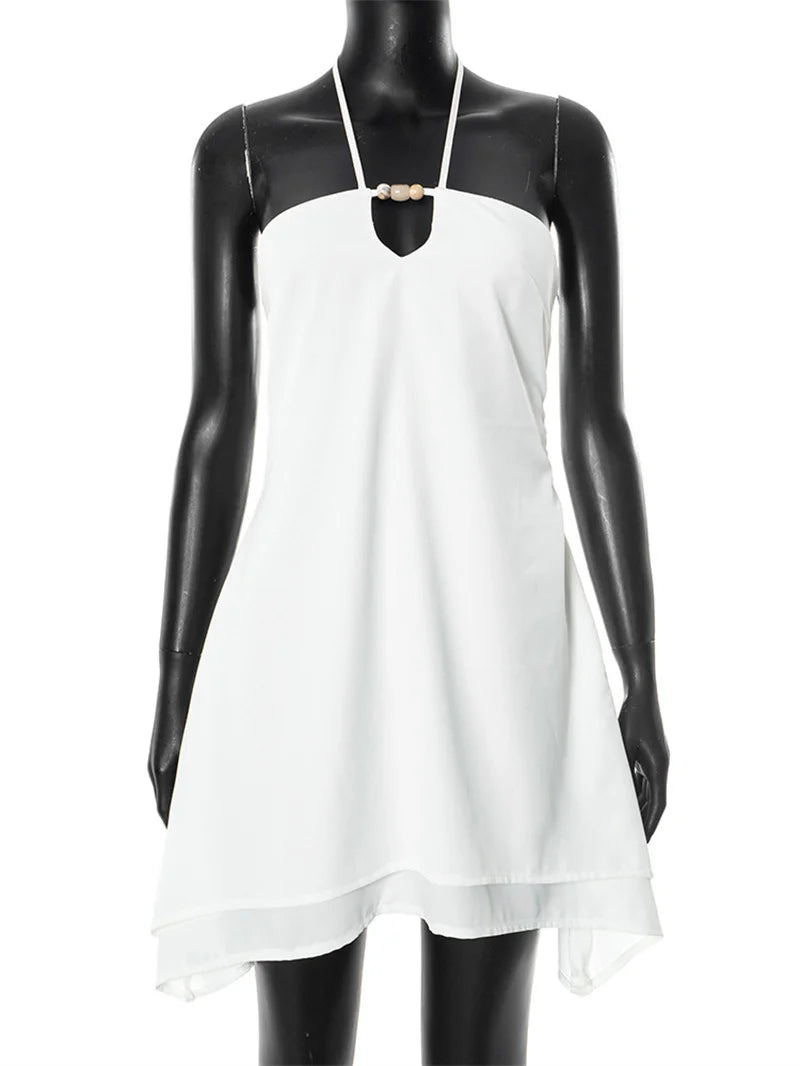 Halter Off-shoulder Backless Sexy Mini Dress Women White Hollow Out Strapless Lace-up A-line Club Dress Summer 2025