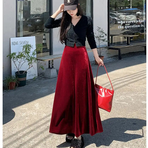 Load image into Gallery viewer, Korean Style Women Red Elegant Vacation Pleated Long Skirt 2024 Autumn Winter New Black High Waist Party Velvet Skirt Thick Chic
