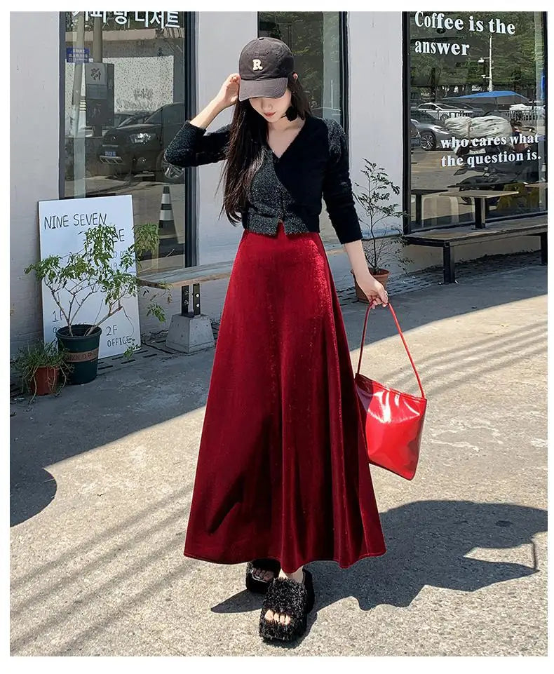 Korean Style Women Red Elegant Vacation Pleated Long Skirt 2024 Autumn Winter New Black High Waist Party Velvet Skirt Thick Chic