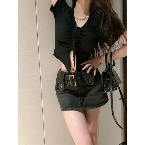 Load image into Gallery viewer, Crop Tops Fashion Korean Woman Tshirts Short Sleeve V-neck Tunic Tees Drawstring Irregular T Shirts Ropa Mujer Sexy Summer Tees
