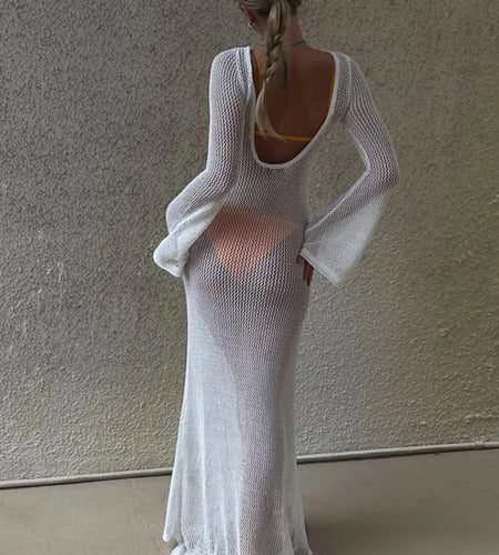 Backless Sexy Tight Long Sleeve Hollow Out Beach Dress Women's 2023 Summer Dress Slim Fit Transparent Party Club Dress