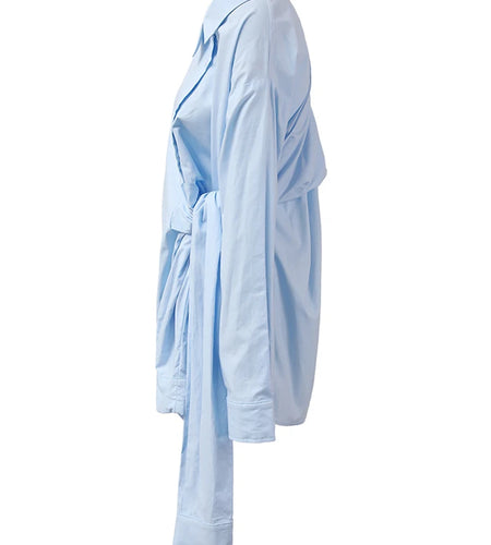 Women Blue Irregular Bandage Big Size Blouse New Skew Collar Long Sleeve Shirt Fashion Tide Spring Autumn 2025 CPDB112