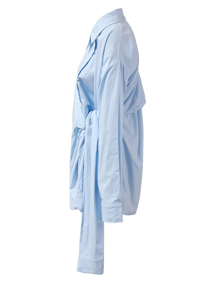 Women Blue Irregular Bandage Big Size Blouse New Skew Collar Long Sleeve Shirt Fashion Tide Spring Autumn 2025 CPDB112