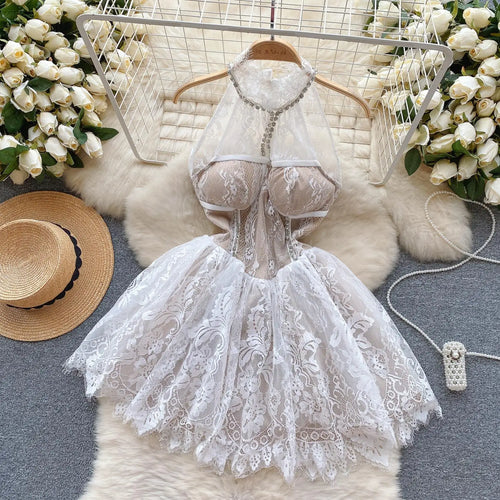Load image into Gallery viewer, French Vintage 2023 Summer New White Sleeveless Diamond Lace Hanging Neck Short Dress Sexy Club Off Shoulder Party Mini Dresses
