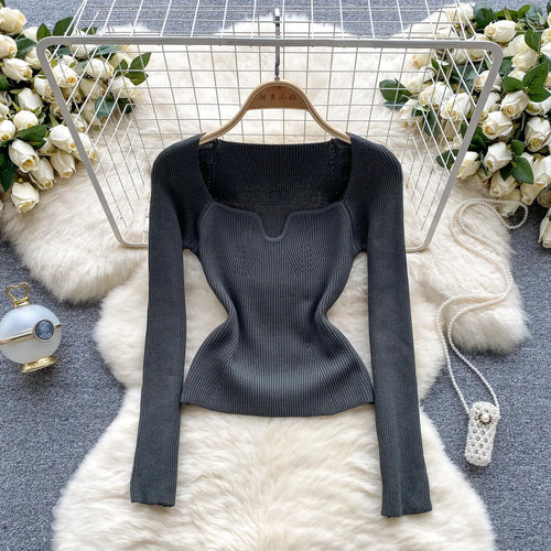 Load image into Gallery viewer, Fashion Solid Knitted Square Collar Long Sleeves Slim Fit Tops Women France Autumn Office Lady Elegant Pullover Sweater Popular

