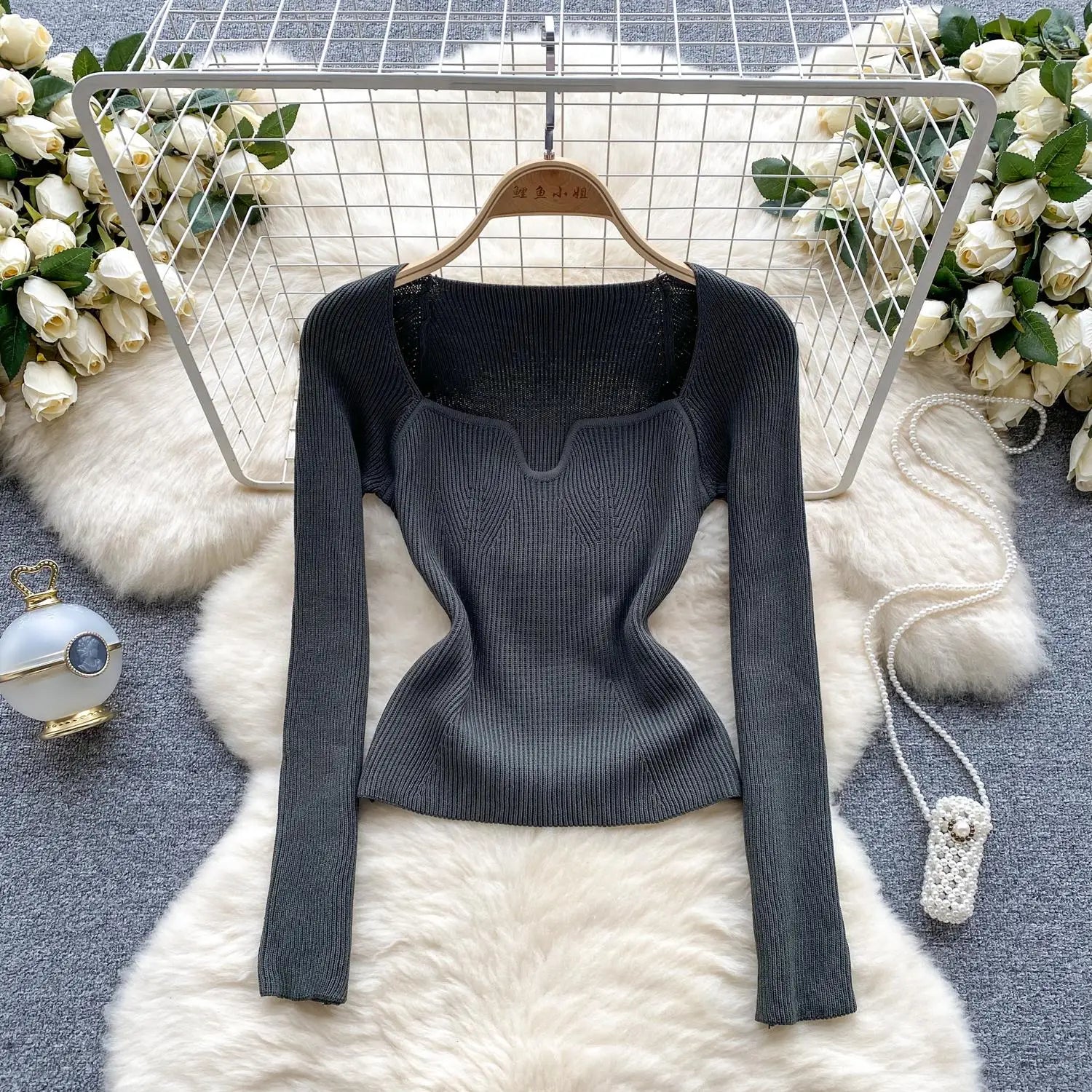 Fashion Solid Knitted Square Collar Long Sleeves Slim Fit Tops Women France Autumn Office Lady Elegant Pullover Sweater Popular