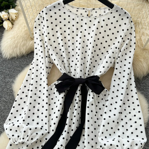 Load image into Gallery viewer, French Retro 2025 Spring New White Polka Dot Elegant Long Sleeves Bow Dress Women Round Neck Vacation Party Pleated Dress Trendy
