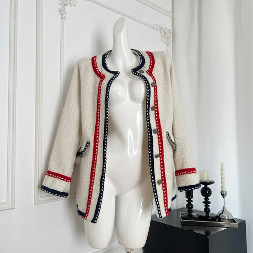 Load image into Gallery viewer, Retro Beige Patchwork Round Neck Woolen Coat Women Long Sleeve Thick Single Breasted Jacket 2024 Autumn Winter Casual Ladies Y2k
