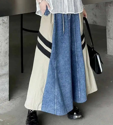High Elastic Waist Apricot Striped Denim Color-block Half-body Skirt Women Fashion Tide New Spring Autumn 2025  1DH6462
