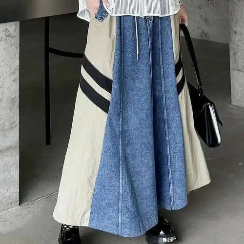 Load image into Gallery viewer, High Elastic Waist Apricot Striped Denim Color-block Half-body Skirt Women Fashion Tide New Spring Autumn 2025  1DH6462
