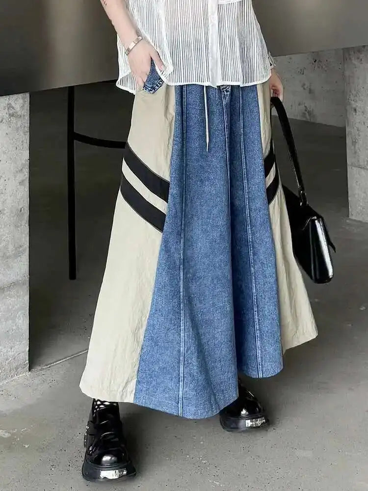 High Elastic Waist Apricot Striped Denim Color-block Half-body Skirt Women Fashion Tide New Spring Autumn 2025  1DH6462