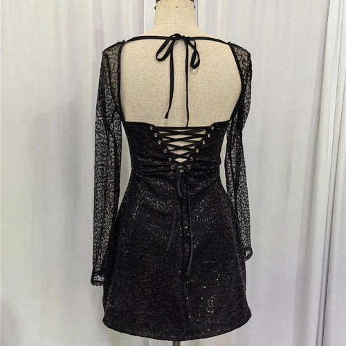 Load image into Gallery viewer, Sequins Long Sleeve Backless Sexy Mini Dress Women Robe Fashion Sparkle Lace-up High Waist A-line Club Dress Vestido
