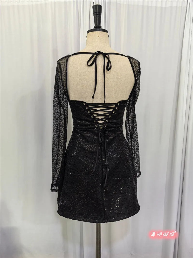 Sequins Long Sleeve Backless Sexy Mini Dress Women Robe Fashion Sparkle Lace-up High Waist A-line Club Dress Vestido