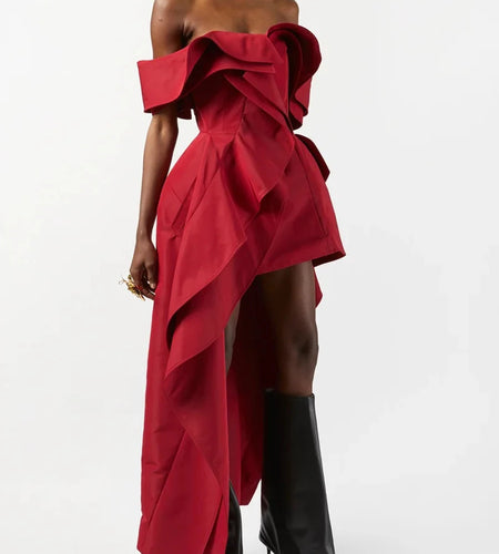 Red Slimming Spliced Ruffles Folds Irregular Long Dresses for Women Slash Neck Short Sleeves Elegant Dress Female