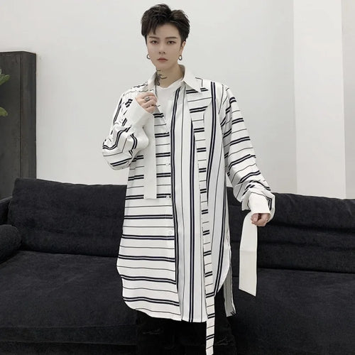 Load image into Gallery viewer, Niche Style Male Shirts Stripe Patchwork Loose Lace-up Casual Tops Lapel Long Sleeve Men&#39;s Clothing Spring Tide 9C6364
