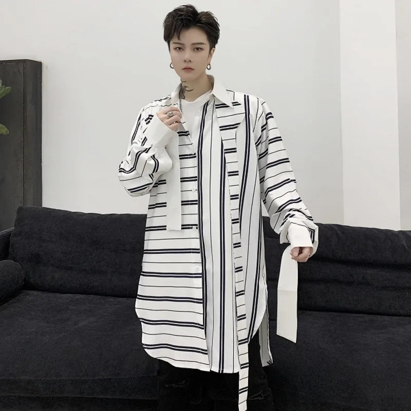 Niche Style Male Shirts Stripe Patchwork Loose Lace-up Casual Tops Lapel Long Sleeve Men's Clothing Spring Tide 9C6364