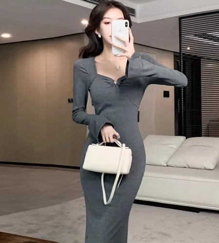 Autumn Winter 2024 Korean Black Square Neck Long Sleeved Dress Women Retro Grey Elegant Office Slim Wrap Hip Fishtail Dress Chic