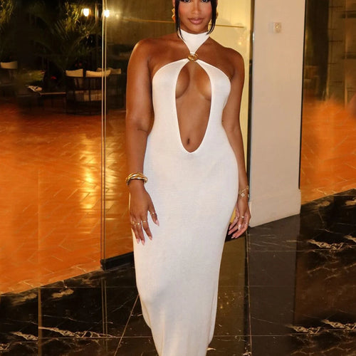 Load image into Gallery viewer, Halter Solid Sleeveless Backless Hollow Out Sexy Bodycon Maxi Dress Summer Women Fashion Y2K Outfits Streetwear Party
