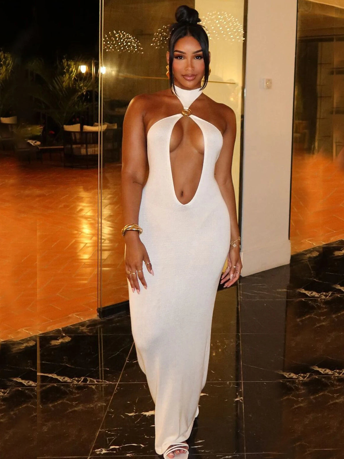 Halter Solid Sleeveless Backless Hollow Out Sexy Bodycon Maxi Dress Summer Women Fashion Y2K Outfits Streetwear Party