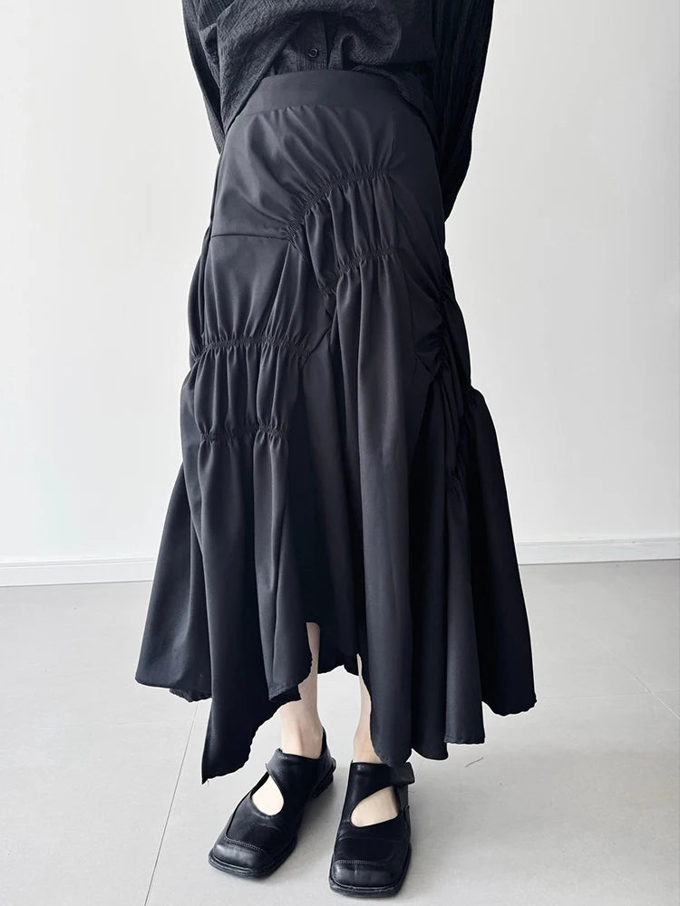 High Elastic Waist Black Irregular Pleated Midi Elegant Half-body Skirt Women Fashion Tide New Spring Autumn 2025 1DJ0400
