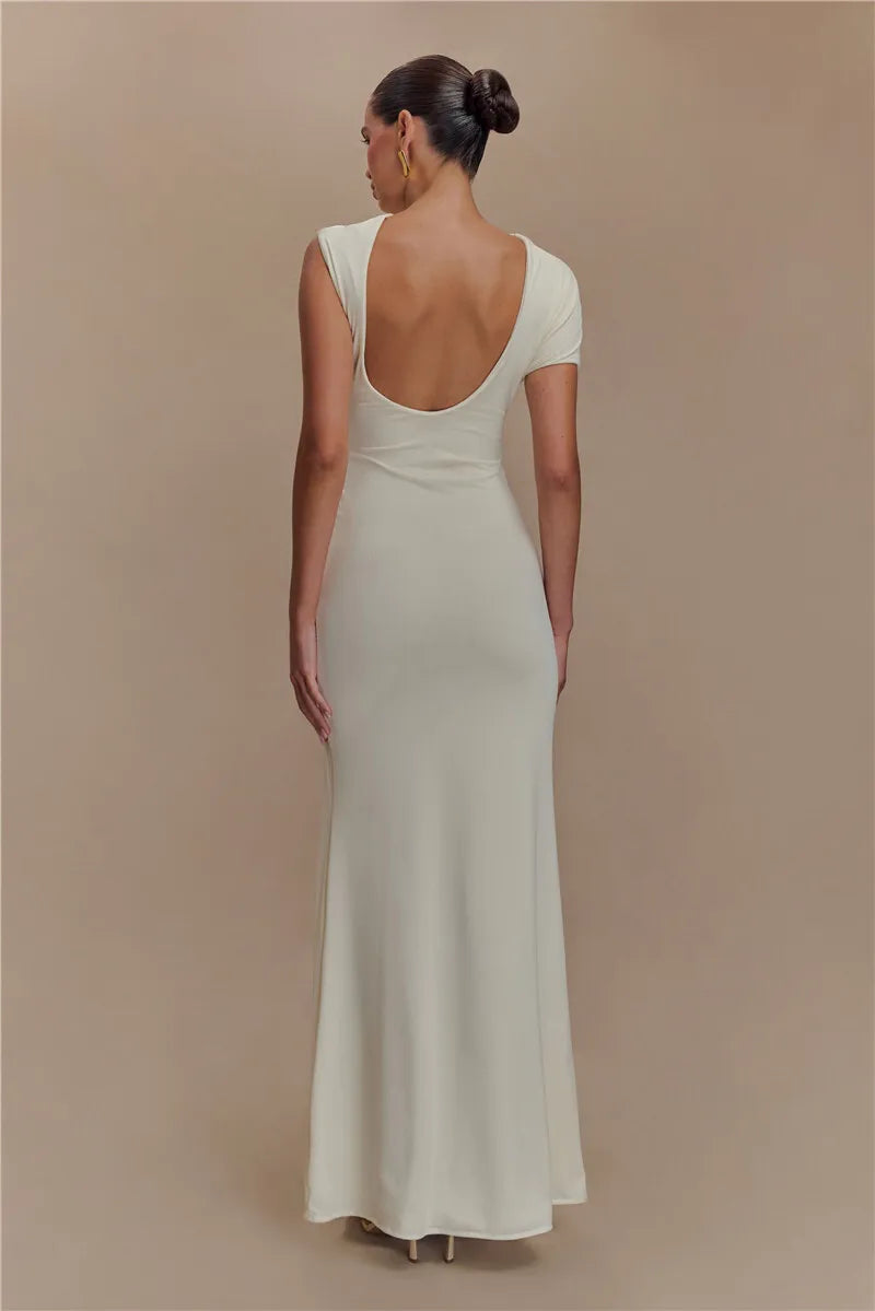 Hollow Out Gold Clasp Sexy Maxi Dress For Women Gown Solid Sleeveless Backless Ruched Bodycon Club Long Dress Elegant