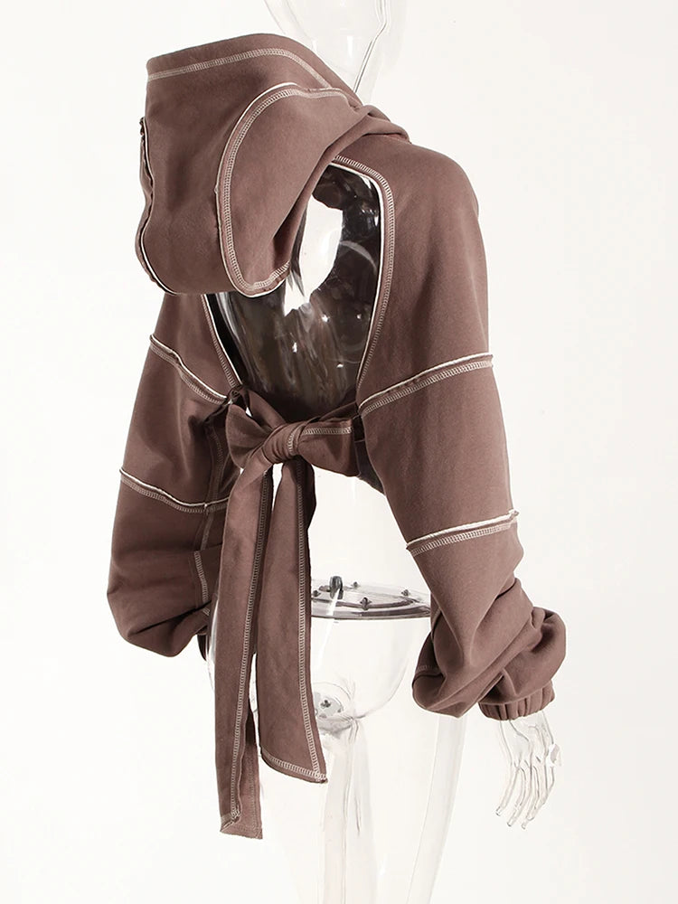 Brown Back Bow Irregular Cut-out Sweatshirt New Hooded Long Sleeve Women Big Size Fashion Tide Spring Autumn 2025 1DF1820