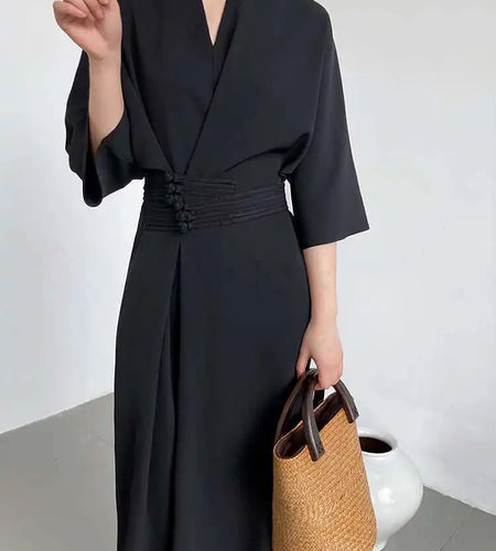 Women Black Buckle Long Elegant Dress New Round Neck Three-quarter Sleeve Loose Fit Fashion Spring Autumn 2025 1DE7880