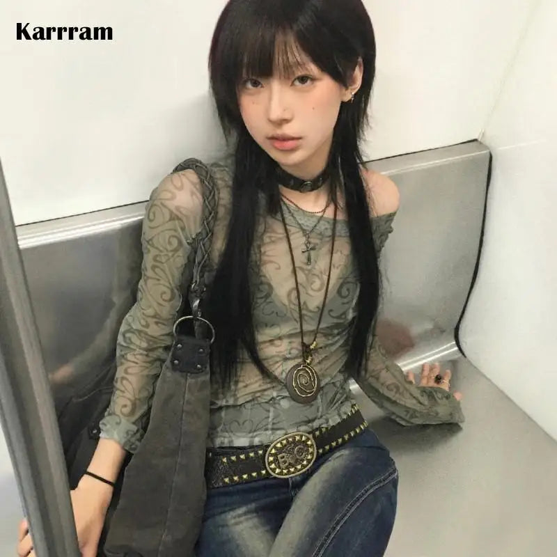 Grunge Aesthetics Mesh Tops Japanese Y2k Sheer Tops Vintage Harajuku See Through Crop Top Korean Fashion Tie Dye T-shirt