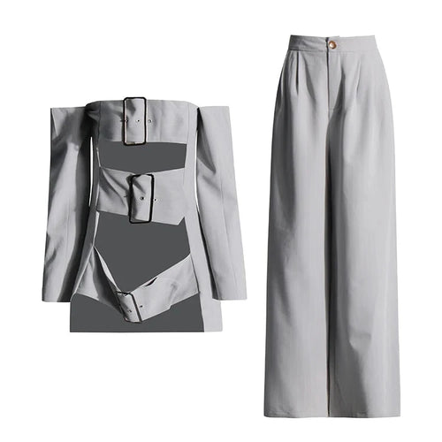 Load image into Gallery viewer, Solid Two Piece Set For Women Strpless Spliced Belt Hollow Out Top High Waist Wide Leg Pant Sets Female Fashion New
