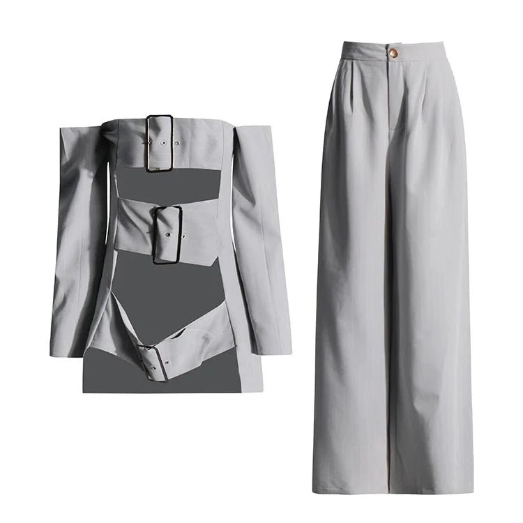 Solid Two Piece Set For Women Strpless Spliced Belt Hollow Out Top High Waist Wide Leg Pant Sets Female Fashion New