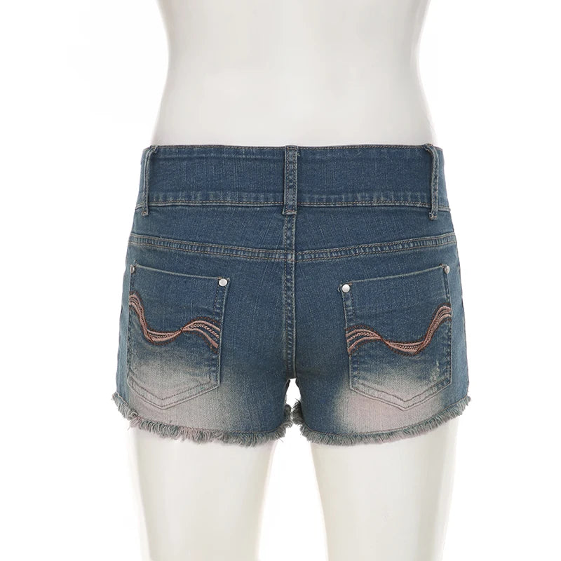 Streetwear Washed Low Waist Slimming Denim Shorts Women Summer Botton-Fly Mini Tassel Edge Micro Jeans Casual Bottoms