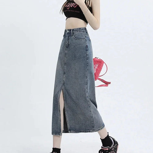 Load image into Gallery viewer, High Waist Vintage Spilt Women&#39;s Skirts Summer New Tight Hip Blue Casual Office Ladies Female Fashion Streetwear Outfits
