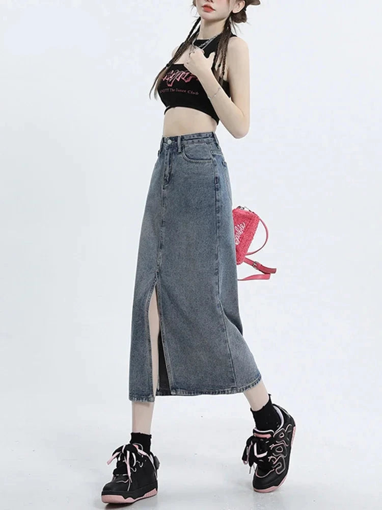 High Waist Vintage Spilt Women's Skirts Summer New Tight Hip Blue Casual Office Ladies Female Fashion Streetwear Outfits