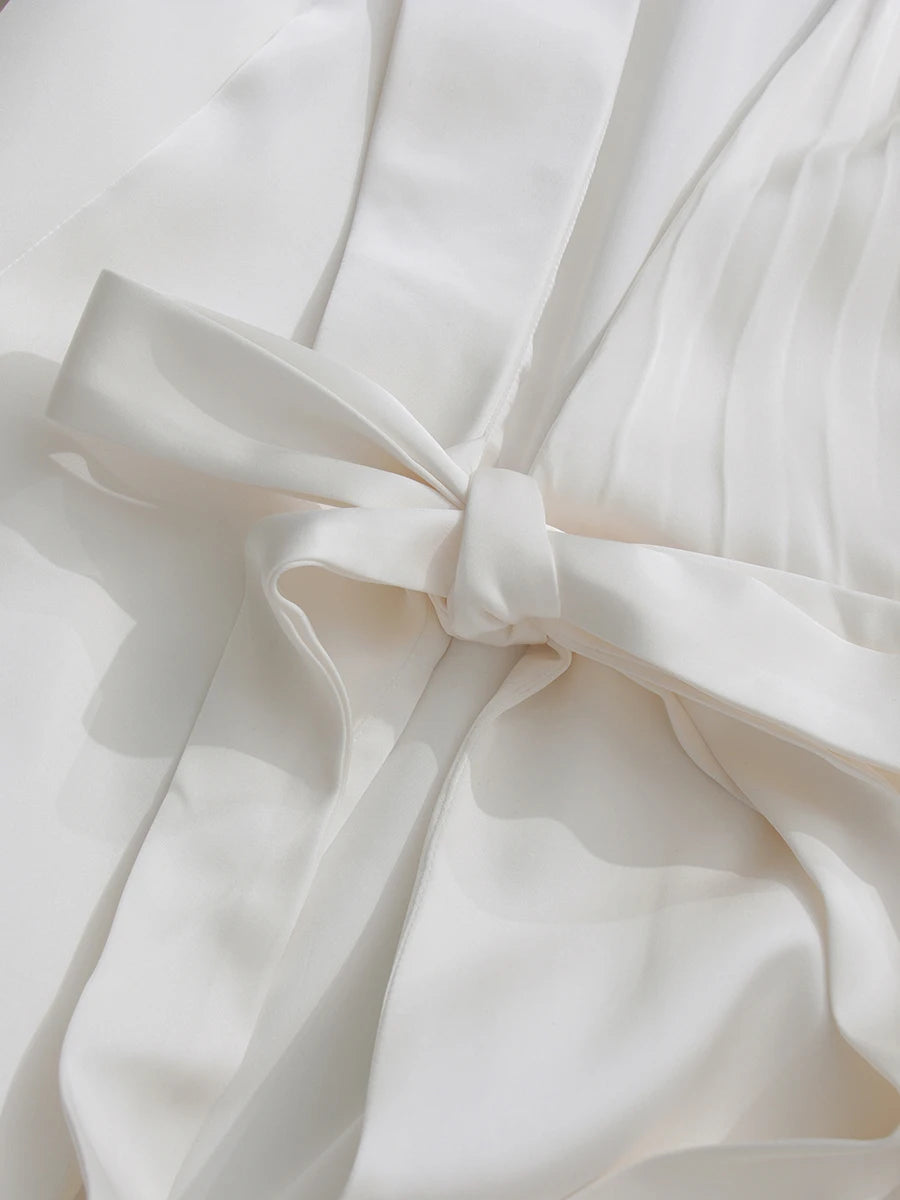 Elegant Pleated Lace Up Trench for Women V Neck Long Sleeve Tunic Minimalist White Coats Female Fashion Clothes