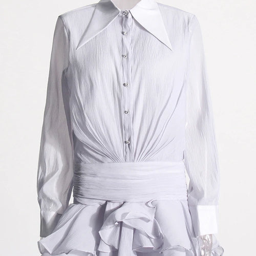 Load image into Gallery viewer, Solid Spliced Ruffles Slimming Mini Dresses For Women Lapel Long Sleeve High Waist Temperament Dress Female Fashion
