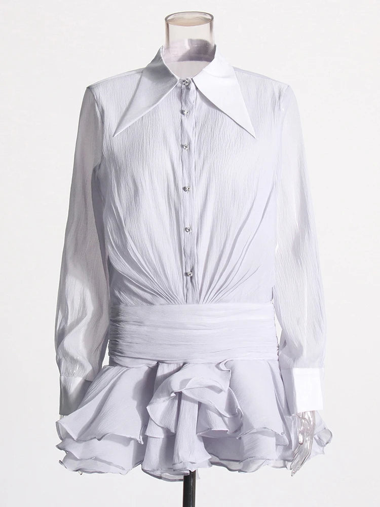 Solid Spliced Ruffles Slimming Mini Dresses For Women Lapel Long Sleeve High Waist Temperament Dress Female Fashion