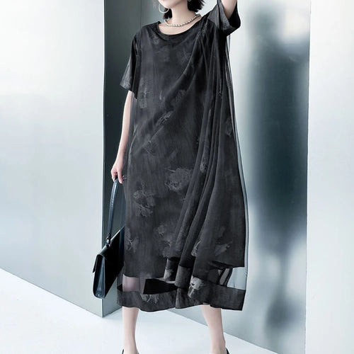 Load image into Gallery viewer, Women Black Printed Mesh Spliced Big Size Midi Dress New Round Neck Short Sleeve Fashion Tide Spring Summer 2025 1DJ0850
