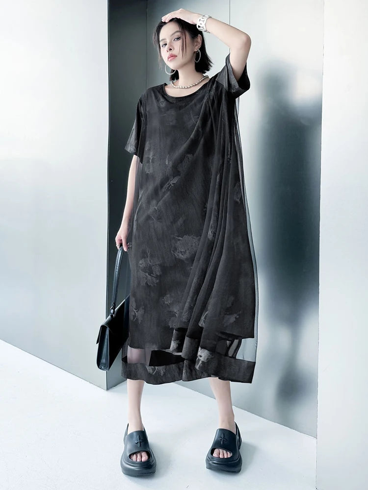 Women Black Printed Mesh Spliced Big Size Midi Dress New Round Neck Short Sleeve Fashion Tide Spring Summer 2025 1DJ0850