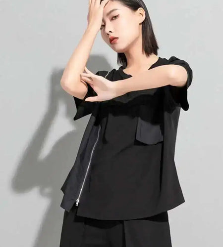 Women Black Zipper Pockets Casual Big Size T-shirt New Round Neck Short Sleeve Fashion Tide Spring Summer 2025 1DF5303