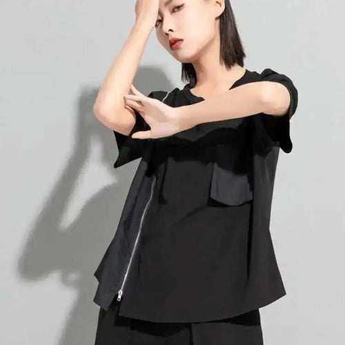 Load image into Gallery viewer, Women Black Zipper Pockets Casual Big Size T-shirt New Round Neck Short Sleeve Fashion Tide Spring Summer 2025 1DF5303
